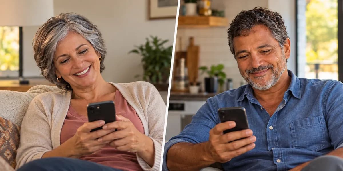 Uma mulher e um homem sorrindo, cada um olhando o celular